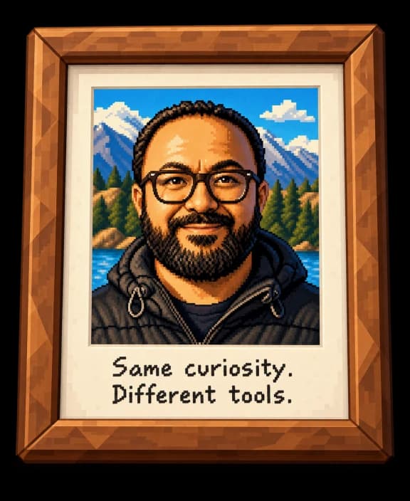 Wooden framed game-style portrait of Fady Soliman. Same curiosity. Different tools.
